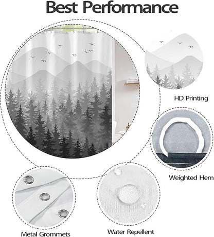 Aipon Black Misty Forest Shower Curtain Gray Ombre Nature Tree Plants Shower Curtains Fabric Waterproof Mountain Shower Curtain Sets for Bathroom Bath Decor with 12 Hooks (Black, 72'' × 72'')