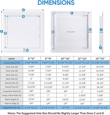 TICONN Access Panel for Drywall, 10 x 10 Inch ABS Plastic Wall Hole Cover Access Doors, Easy Install Plumbing Wall Panel for Drywall, Ceiling, Wiring and Cables