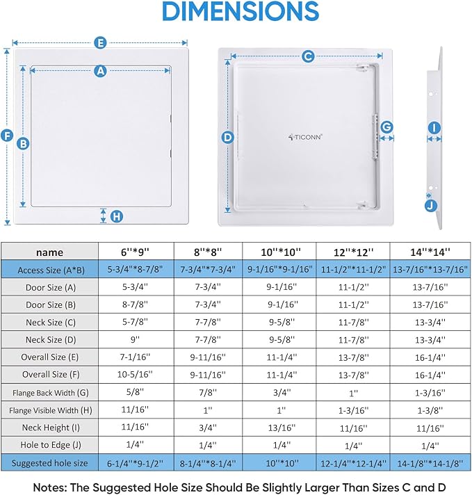 TICONN Access Panel for Drywall, 6 x 9 Inch ABS Plastic Wall Hole Cover Access Doors, Easy Install Plumbing Wall Panel for Drywall, Ceiling, Wiring and Cables