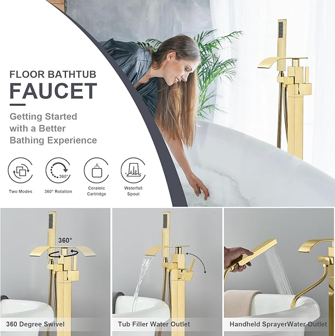 Senlesen Bathroom Tub Filler Faucet Floor Mounted Bathtub Shower Faucet Waterfall Spout Free Standing Tub Mixer Tap with Handheld Sprayer Gold Polished