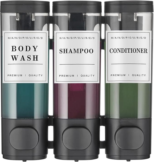 Shower Soap Dispenser Wall Mounted No Drill Shampoo Dispenser for Shower Wall Shampoo and Conditioner Dispenser Bathroom Hotel 3 * 300ml Black with Waterproof Labels