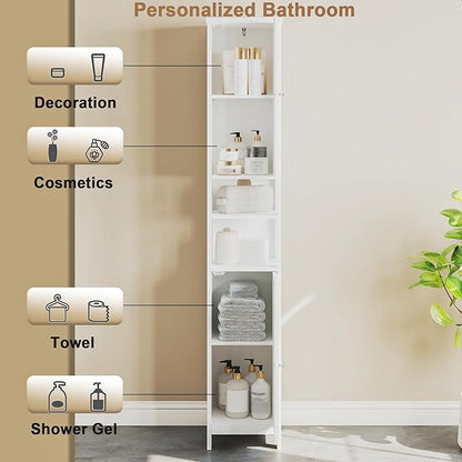 ChooChoo Tall Bathroom Storage Cabinet with Light, 5-Tier Narrow Bathroom Cabinet with 2 Doors, Slim Storage Linen Cabinet Freestanding with Adjustable Shelves for Space Saving, White