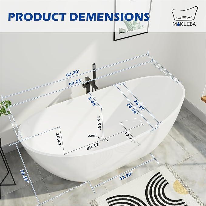 62" Lucite Acrylic Freestanding Bathtub, Double Slipper Shape Contemporary Soaking Tub with Toe-tap Chrome Drain, Slotted Overflow, cUPC Certified, Glossy White