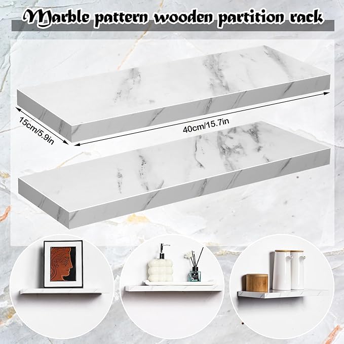 Pinkunn 3 Pcs Faux Marble Floating Shelves Modern Wooden Floating Shelf Wall Mount Organizer Decor for Home Bathroom Kitchen Storage and Display