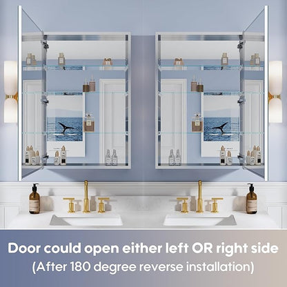 WELLFOR 24" x 36" Bathroom Medicine Cabinet, Anodized Chrome Aluminum Frame, Medicine Cabinet with Adjustable Glass Shelves, Bathroom Cabinet with Reverse Door Installation, Surface or Recess Mount