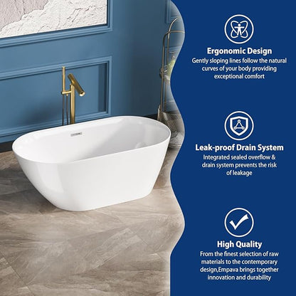 Sarlai 59 Inch Acrylic Freestanding Soaking Bathtub Contemporary Soaking White Tub Stand Alone Ergonomic Bathtub with Chrome Drain and Overflow