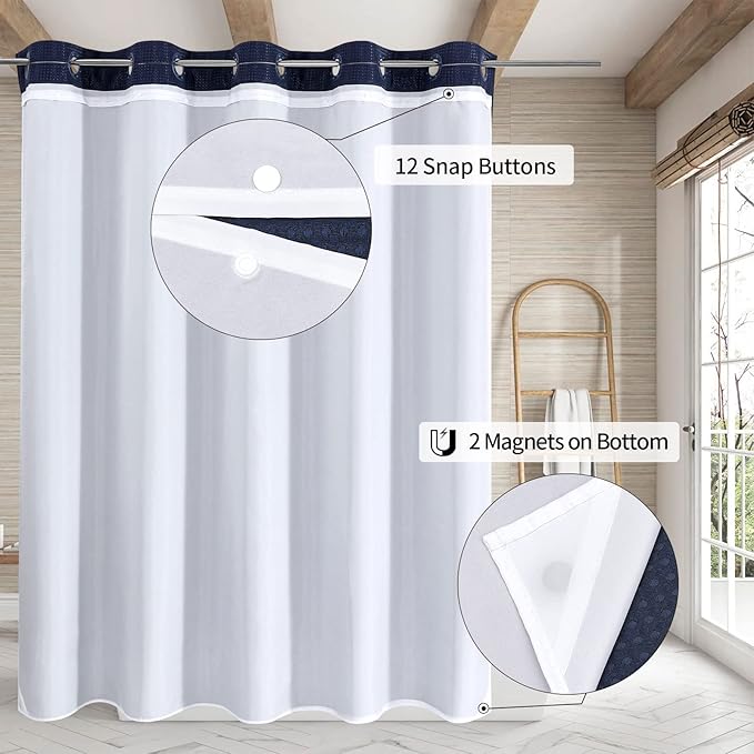 MitoVilla No Hooks Needed Extra Long Shower Curtain Liner Set, Navy Blue 86 inch XL Waffle Fabric Shower Curtains Set with Snap-in Liner for Luxury Hotel Grade & Spa-Like Bathroom Decor