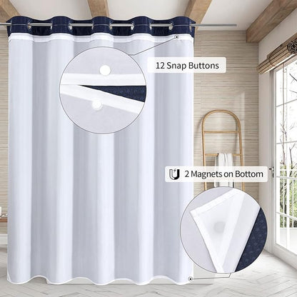 MitoVilla No Hooks Needed Extra Long Shower Curtain Liner Set, Navy Blue 86 inch XL Waffle Fabric Shower Curtains Set with Snap-in Liner for Luxury Hotel Grade & Spa-Like Bathroom Decor
