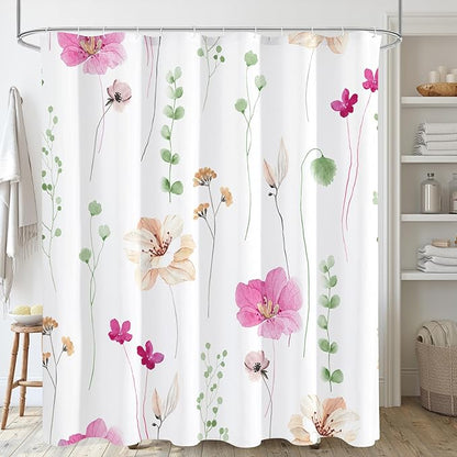 Gibelle Watercolor Floral Shower Curtain, Pink Beige Flower Shower Curtain for Bathroom, Modern Minimalist Waterproof Fabric Shower Curtain Set 72x72 Inch