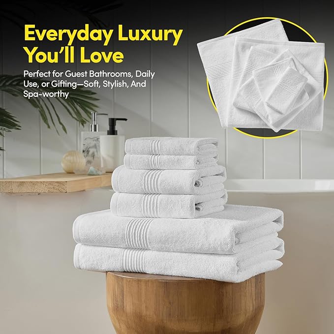 Bath Towels 8 Piece Towel Set – 100% Combed Cotton – Bath + Hand + Washcloths – Oeko-TEX Certified Soft & Absorbent Towels with Durable Double-Stitched Edges for Bathroom or Guest Spa, White