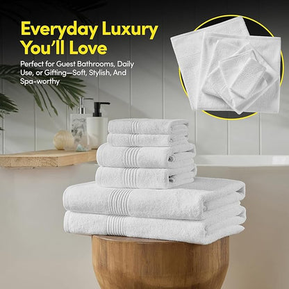 Bath Towels 8 Piece Towel Set – 100% Combed Cotton – Bath + Hand + Washcloths – Oeko-TEX Certified Soft & Absorbent Towels with Durable Double-Stitched Edges for Bathroom or Guest Spa, White