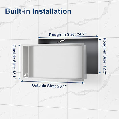 Neodrain Recessed Shower Niche Shelf Stainless Bathroom Cabinet Shelf, Inner Size 24" X 12" X 4", Brushed Nickel Wall Niche Bathroom Cubby Storage