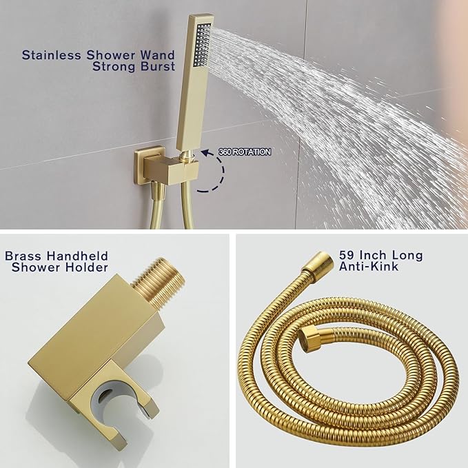 Rain Shower System 12 Inch Ultra Large Shower Head High Pressure Brushed Gold Surface Dual Function Shower Vavle Trim Kit