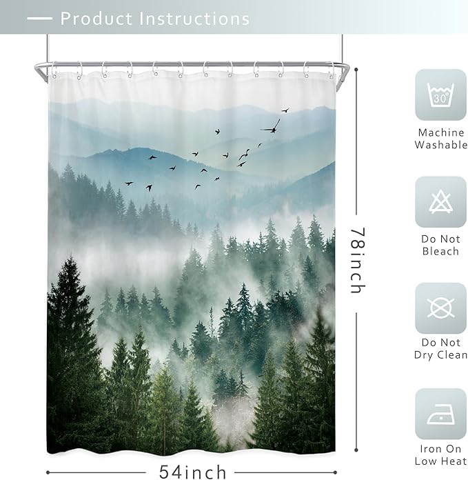 Riyidecor Green Shower Curtain 54Wx78H Inch Long Rustic Mountain Scenery Pine Tree Greenery Landscape Natural Woodland Mens Nature Bathroom Decor Fabric Polyester Waterproof 12 Pack Hooks