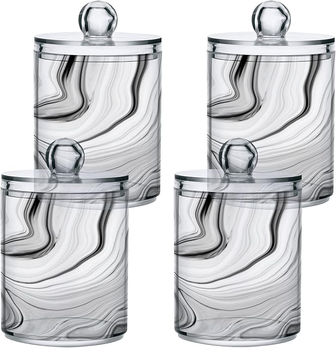 MNSRUU 4 Pack Qtip Holder Organizer Dispenser Fashion Grey Marble Bathroom Containers Bathroom Vanity Storage Canister Apothecary Jars for Cotton Swabs/Pads/Floss