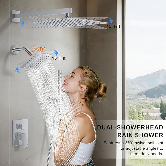Shower Faucet Set, Wall Mount Shower System 12 and 6 Inch Dual Shower Head Set with 2 in 1 Handheld Spray Rain Shower Faucet with Rough-in Valve and Shower Trim Kit, Polished Chrome