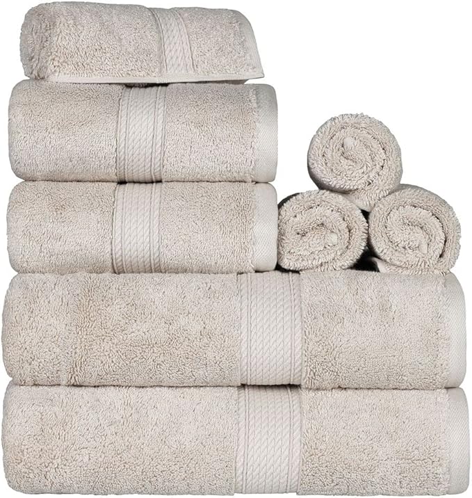 BLUENILEMILLS Madison Egyptian Cotton Towels, Towel Set for Bathroom, Shower, Hotel, Plush, 800 GSM, Highly Absorbent and Ultra-Soft Towels, Bath Essentials, 8 Piece Assorted Towel Set, Stone