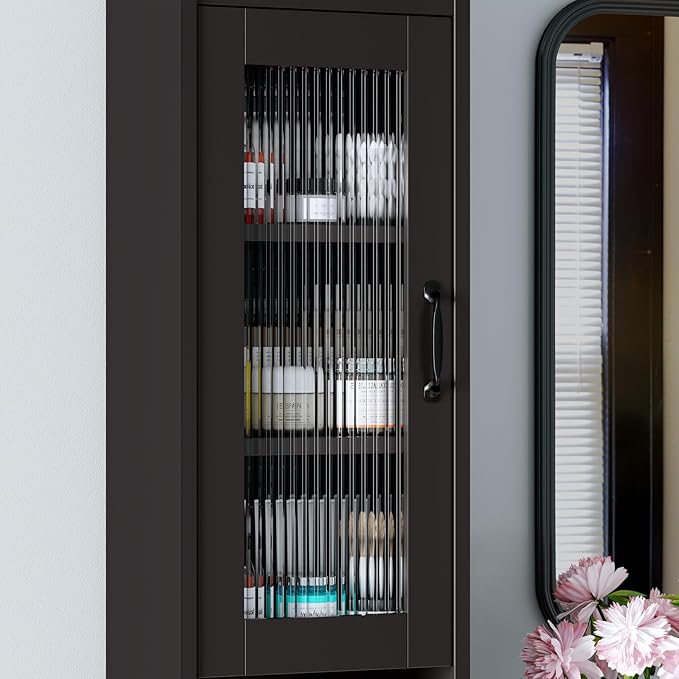 Tall Bathroom Storage Cabinet, Narrow Storage Cabinet with Adjustable Shelf Thin Linen Tower Two-Way Doors Contemporary Cabinet for Bathroom, Kitchen, Living Room, Espresso