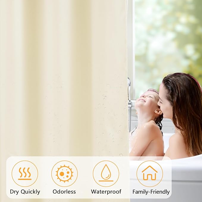 Waterproof Fabric Shower Curtain Liner with 3 Weighted Magnets, 72 x 84 inch Extra Long Cream Cloth Shower Liner Machine Washable, Hotel Quality Lightweight Tall Shower Curtain for Bathroom