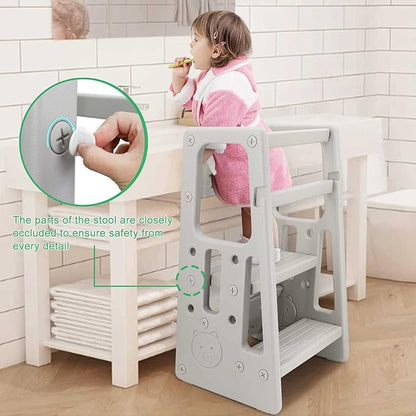 Nursery Kitchen Step Stool w/ 3 Adjustable Heights Toddler Standing Tower Kids Learning Stool w/Double Safety Rails & Non-Slip Foot Pads Cooking Stool Stand Helper Bathroom Counter Footstool (Grey)