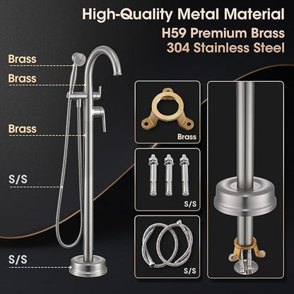 Brushed Nickel Freestanding Bathtub Faucet,Brass Floor Mount Tub Faucet High Flow Max 6.6GPM/60PSI with Hand Shower