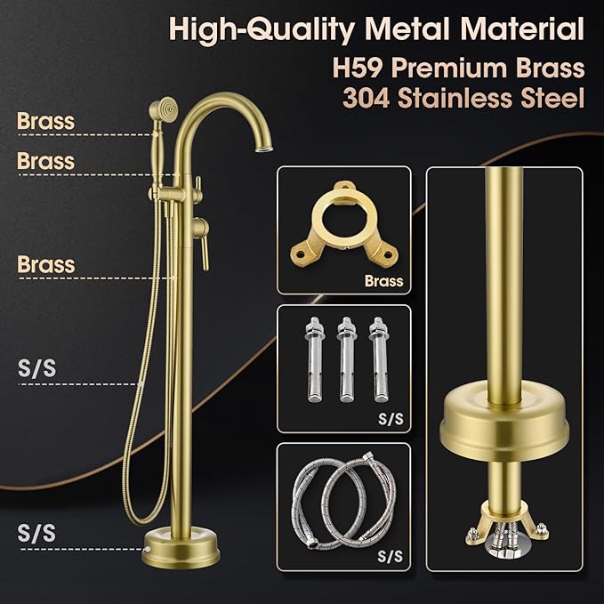 Freestanding Tub Faucets, Brass Freestanding Bathtub Faucet with Hand Shower, Floor Mount Tub Filler with Sprayer Brushed Light Gold（WT-9811BG03）