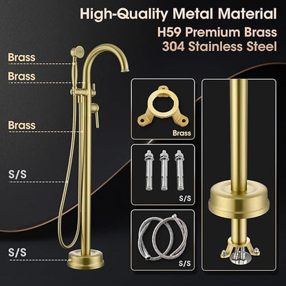 Freestanding Tub Faucets, Brass Freestanding Bathtub Faucet with Hand Shower, Floor Mount Tub Filler with Sprayer Brushed Light Gold（WT-9811BG03）