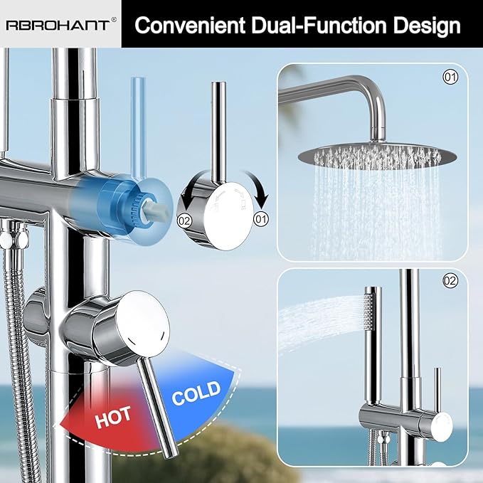 RBROHANT Freestanding Outdoor Shower Chrome, Height Adjustable Outside Showers for Backyard Garden Pool Beach, Outdoor Shower Fixtures with 10” Rain Shower Head and Handheld, Polished Chrome, JK0451