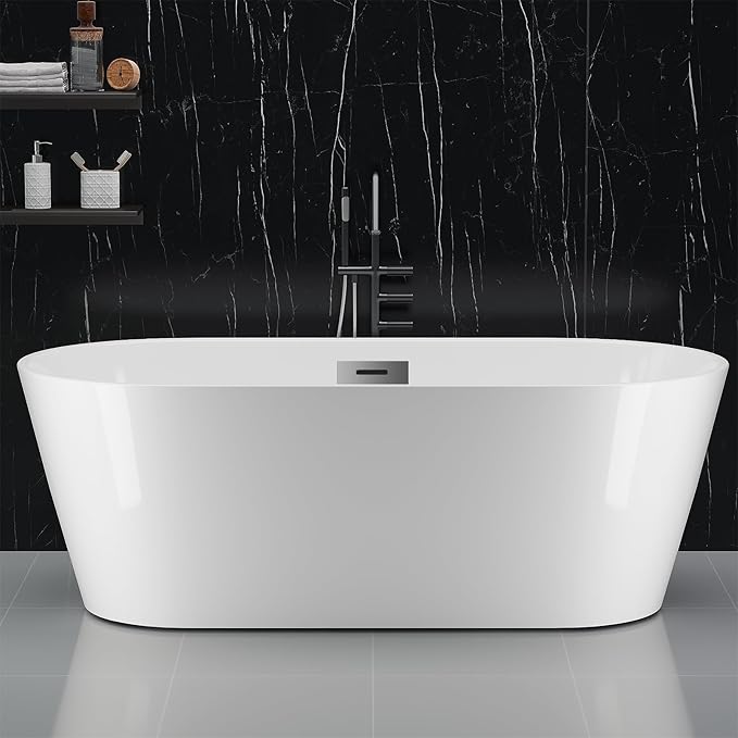 67" Free Standing Tub, Acrylic Soaking Bathtub, Stand Alone Freestanding Tub with Matte Sliver Drain and Overflow, Contemporary Bathtub for Bathroom, Burnish White