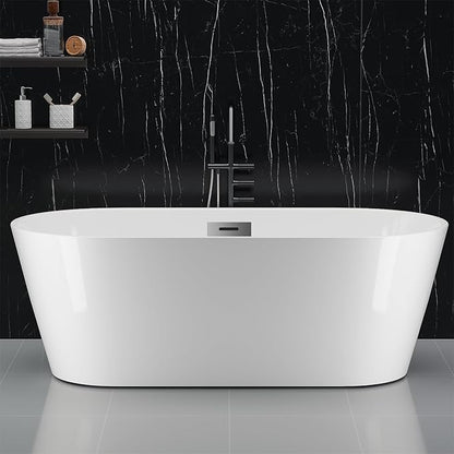 67" Free Standing Tub, Acrylic Soaking Bathtub, Stand Alone Freestanding Tub with Matte Sliver Drain and Overflow, Contemporary Bathtub for Bathroom, Burnish White