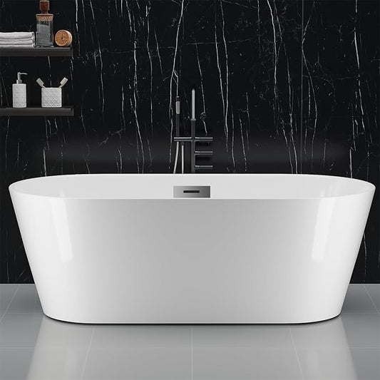 67" Free Standing Tub, Acrylic Soaking Bathtub, Stand Alone Freestanding Tub with Matte Sliver Drain and Overflow, Contemporary Bathtub for Bathroom, Burnish White