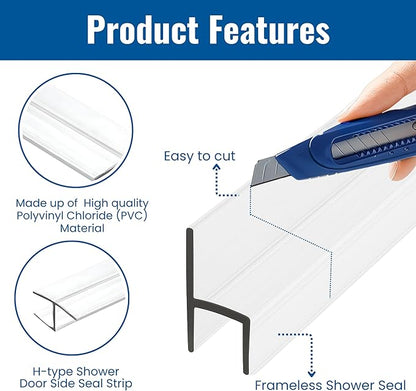 Frameless Shower Door Side Seal Strip H-Type 180 Degree 72inch Length, Clear (2, 3/8inch Glass)