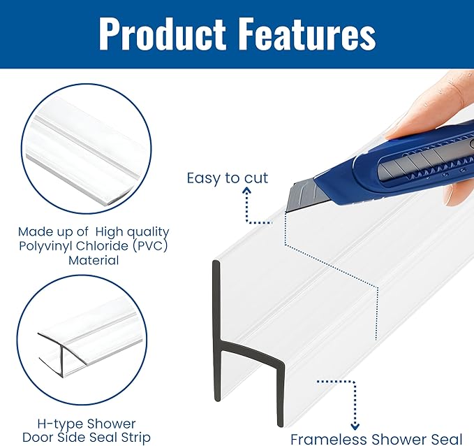 KC Hardware 85 Inch Frameless Shower Door Side Seal Strip, H-Type Glass Shower Door Seal Strip (180 Degree) for 1/4 Inch(4-6mm) Thick Glass, Water Guard That Prevents leaks, Ultra Clear (Pack of 2)