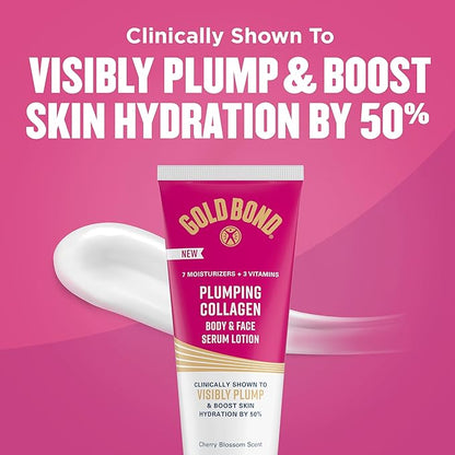 Gold Bond Plumping Collagen Body and Face Serum Lotion, Lightweight Hydrating Moisturizer with Collagen Peptide Complex, Jojoba and Grapeseed Oils to Visibly Plump Skin, Cherry Blossom, 8 oz, 2 Pack