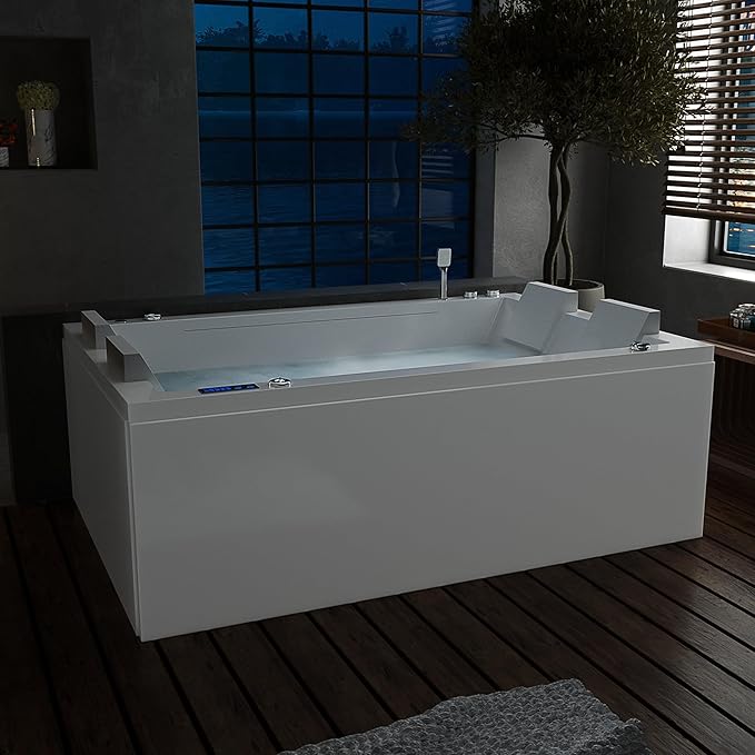 Empava PRO Series Whirlpool Tub with Dedicated Milk Bath & 65 Jets | Luxury Spa Acrylic Soaking Tub with Ozone Sanitization, Chromatherapy & Wireless Music System, Removable Panel, 71" Bathtub, White