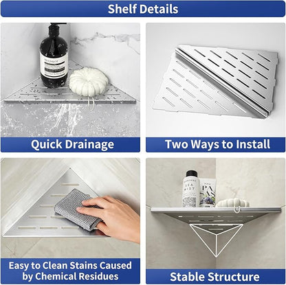 Corner Shower Shelf 10", Brushed 304 Stainless Steel Slot Design Recessed Corner Shelves Bathroom Grout in Shelf for Tiled Wall, 2 Pack
