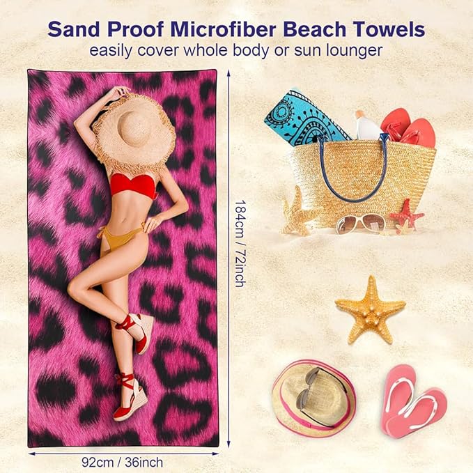 Pink Leopard Print Love Beach Towel 36"x72" Quick-Dry Sand-Free Soft Microfiber for Pool Camping