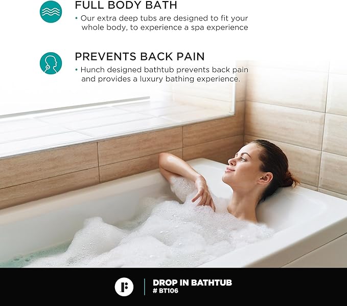 Fine Fixtures Drop In White Soaking Bathtub, Fiberglass Acrylic Material, 48"L x 32"W x 19"H