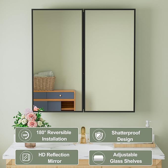 Buruis 30" x 30" Framed Medicine Cabinet with Mirror, Recessed or Wall Mounted Bathroom Cabinet, Adjustable Tempered Glass Shelves, Left/Right Open Reversible, No Assembly Required, Black