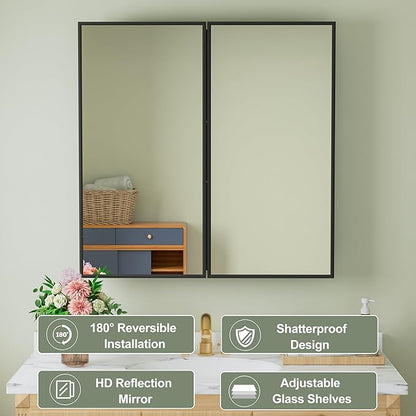 Buruis 30" x 30" Framed Medicine Cabinet with Mirror, Recessed or Wall Mounted Bathroom Cabinet, Adjustable Tempered Glass Shelves, Left/Right Open Reversible, No Assembly Required, Black