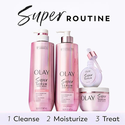 Olay Super Serum Body Cream for Dry Skin, 24hr Long Lasting Hydration, 5+ Ingredient Serum Complex for Bright Even Firm Luminous Skin, Sweet Vanilla & Soft Wood Scent,10 fl oz