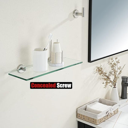 JQK Bathroom Glass Shelf Brushed Steel, Tempered Glass Shower Storage 16 by 5 inches, 304 Stainless Steel Brushed Wall Mount 2 Pack, TGS101L16-BN-P2