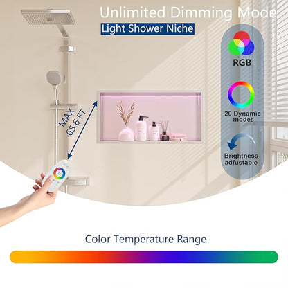 RGB LED Light Shower Niche, Brushed 24X12 in Stainless Steel Wall Cabinet with Remote Control, Waterproof No Tile Needed Wall Niche for Bathroom Storage Built-in Installation