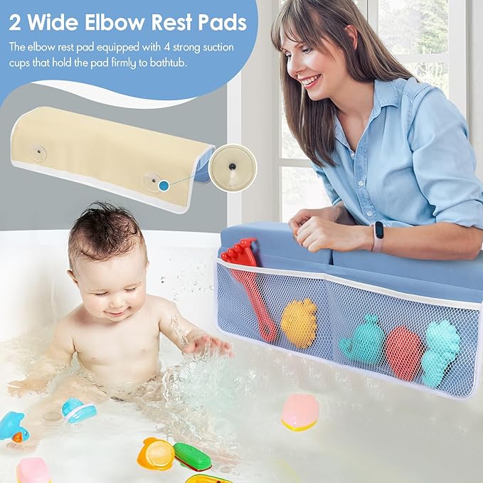 Bath Kneeler and Elbow Rest Pad Set - 2 inch Comfortable Thick Baby Bath Kneeler Pads, with Toy Organizer Pockets - Quick Drying, Foldable, Non-Slip for Baby and Toddler Bathing (Blue)