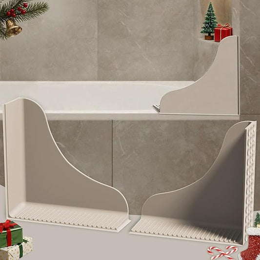 Roslim No-Adhesive 2-Pack All-Silicone Shower Splash Guard with Strong Suction Cups, Reusable Bath Tub Corner Water Blocker for Secure Seal，Keep Water in Shower or Bath, One-Piece Design, Taupe