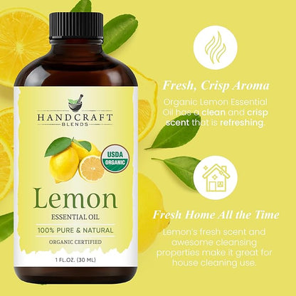 Handcraft Blends Organic Lemon Essential Oil – 1 Fl Oz – 100% Pure and Natural – Premium Grade Essential Oil for Diffuser and Aromatherapy