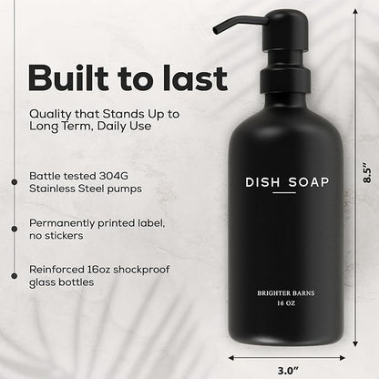 Luxury Glass Hand and Dish Soap Dispenser Set by Brighter Barns - Kitchen Soap Dispenser Set with Stainless Steel Pump for Kitchen Sink - Neutral Modern Farmhouse Home Decor for Airbnb (Black/White)