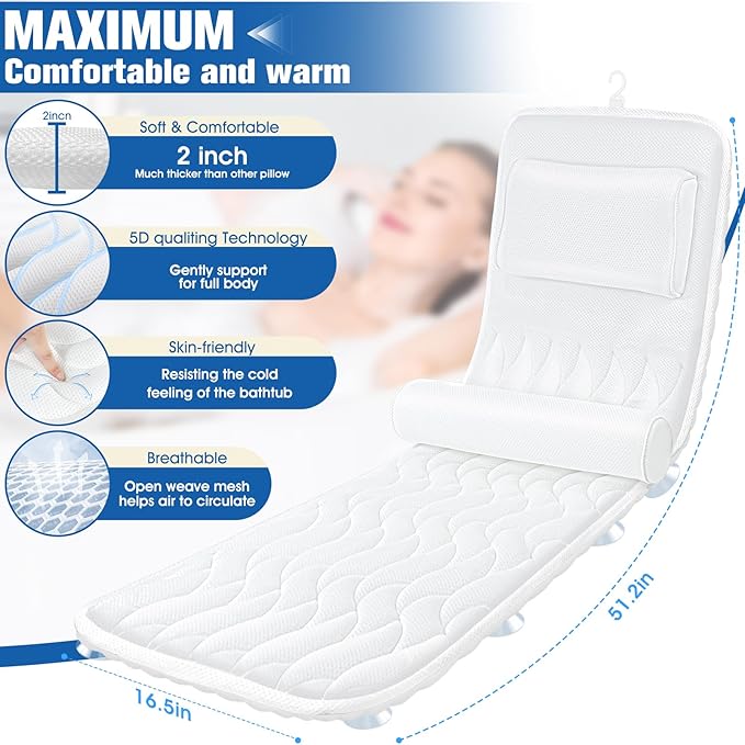 Full Body Bath Pillow for Bathtub,Luxury Thick Bath Cushion for Soaking Tub w/Adjustable Lumbar Support Full Body Bathtub Pillows for Head and Neck Shoulder Support,5D Air Mesh,51"x 16.5"White