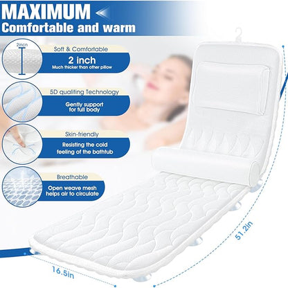 Full Body Bath Pillow for Bathtub,Luxury Thick Bath Cushion for Soaking Tub w/Adjustable Lumbar Support Full Body Bathtub Pillows for Head and Neck Shoulder Support,5D Air Mesh,51"x 16.5"White