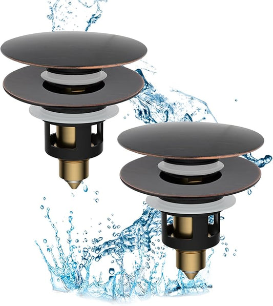 Hibbent 2 Pack All Metal Upgraded Bathroom Sink Stopper, Universal Pop Up Sink Drain Strainer, Brass Bullet Core Push Type Stopper for 1.1''~2.3''' Basin, Anti Clogging Filter, Oil-Rubbed Bronze